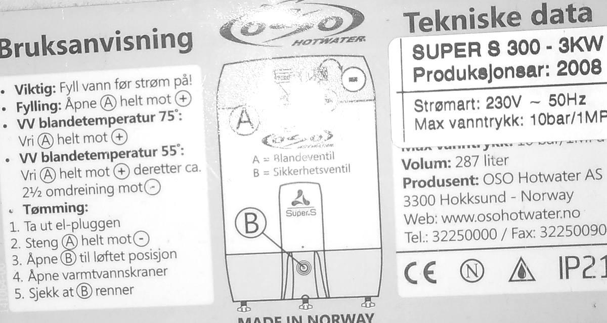 Jordfeil - OSO Hotwater Super S 300 - 3kw, prod 2008 - B-tekn-data-etikett.jpg - clink