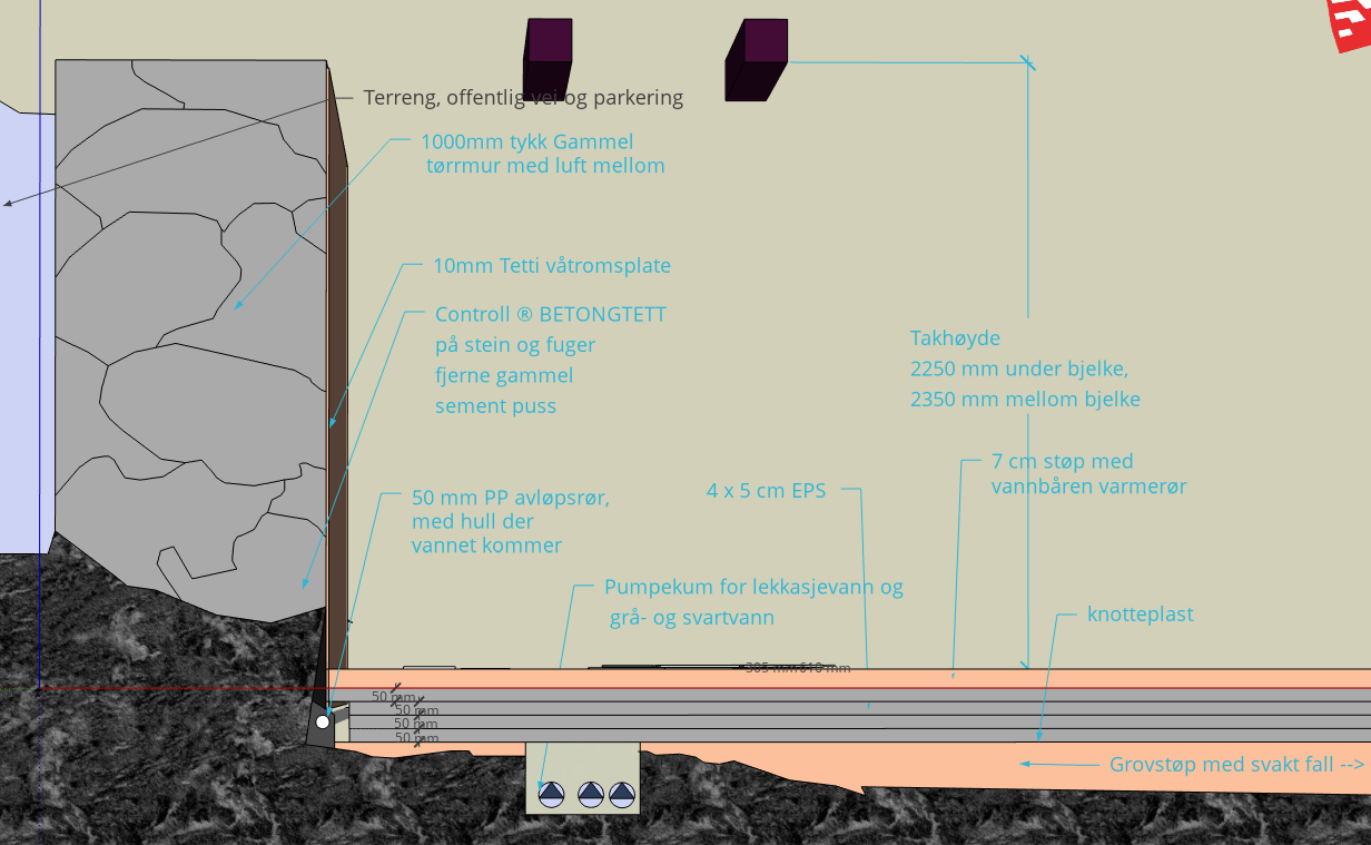 Kjellergulv: støping rett på fjell og 2,2m takhøyde - kjeller drens plan.png - pas