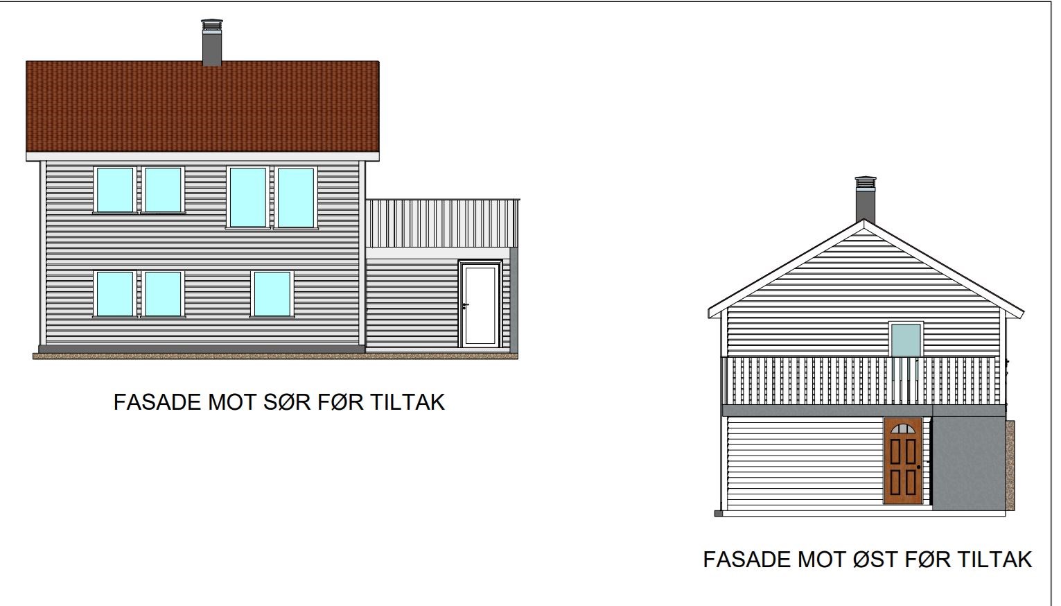 Tilbygg med terrasse over oppvarmet bygning - Tak og konstruksjon - trenger innspill - Dagens fasade.JPG - Papir