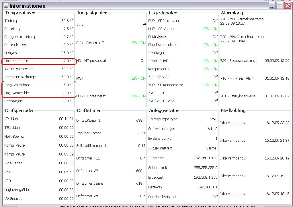 Bidda: Oljefyr ut - inn med Alpha-InnoTec væske-vann varmepumpe - Status info vp 2009-12-16.JPG - Bidda