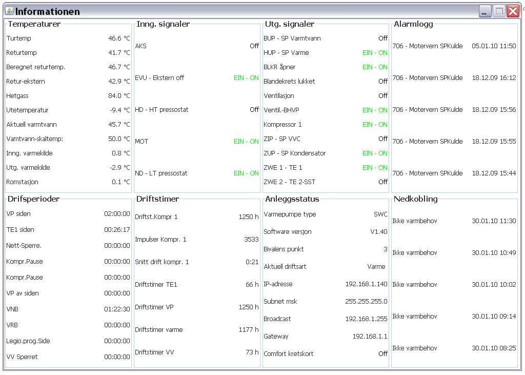 Bidda: Oljefyr ut - inn med Alpha-InnoTec væske-vann varmepumpe - Status info vp 2010-01-30  med TE1.JPG - Bidda