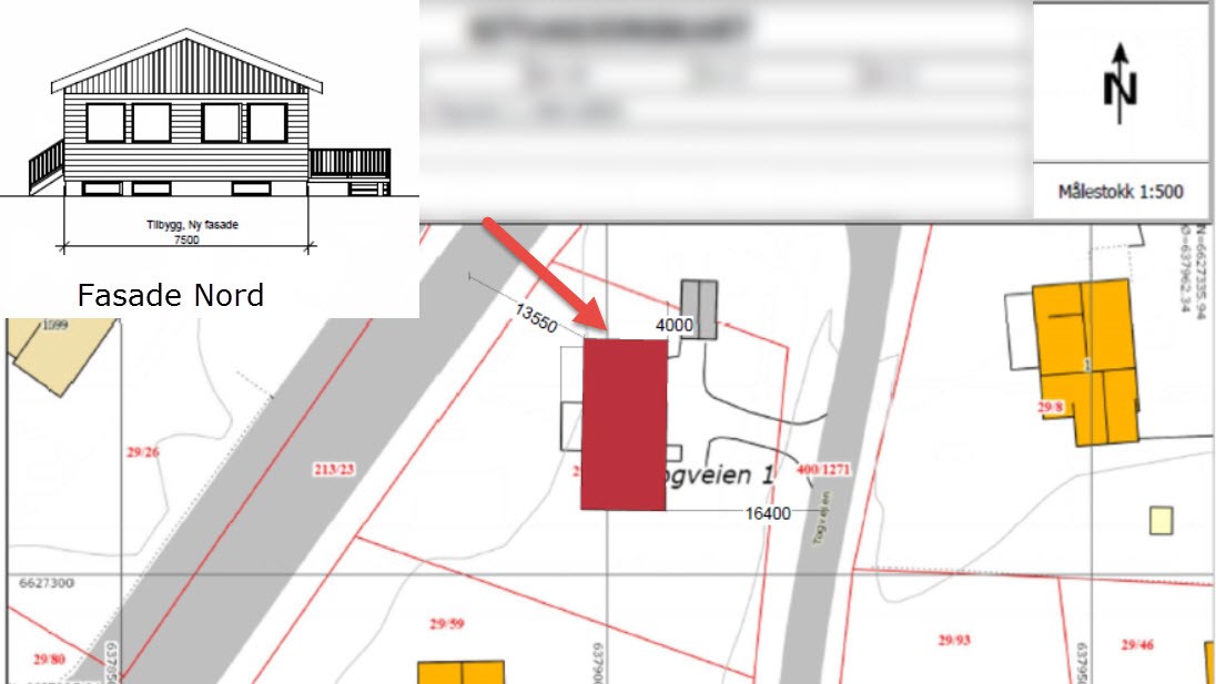 Fasader i forhold til situasjonsplan og himmelretning - Nord.jpg - Husdrømmen.no