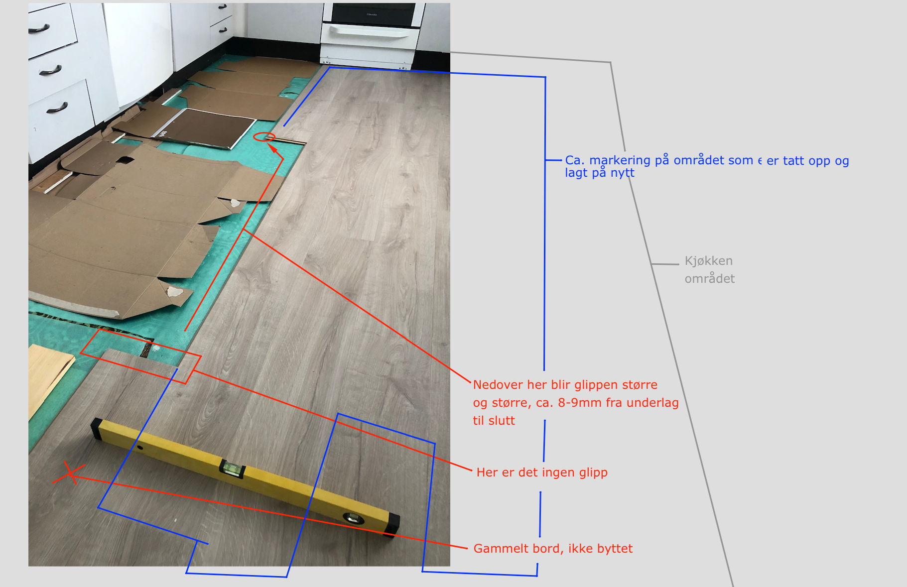 Skjevhet i gulv gir utslag under laminat legging - Hva kan gjøres? - Gulvsituasjon kjøkken .png - Logodesignerne