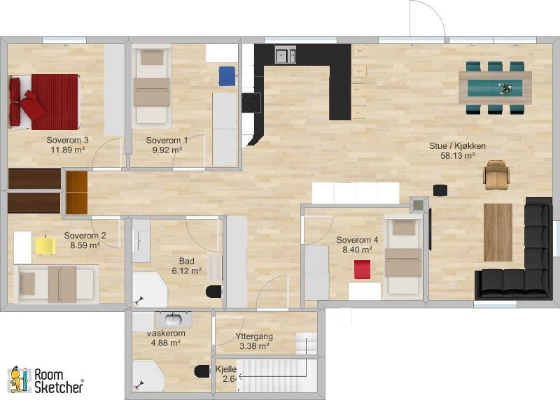 Stort og godt kjøkken midt i huset - innspill på foreslått løsning - SKisse rektangulært påbygg v2.jpg - emilskj