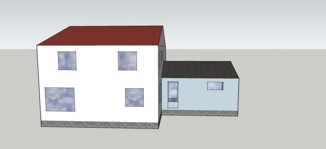 Hvordan gjøre et 40talls-hus med påbygg penere? - skisse utvendig mot spisestue og kjøkken.jpg - Pirium