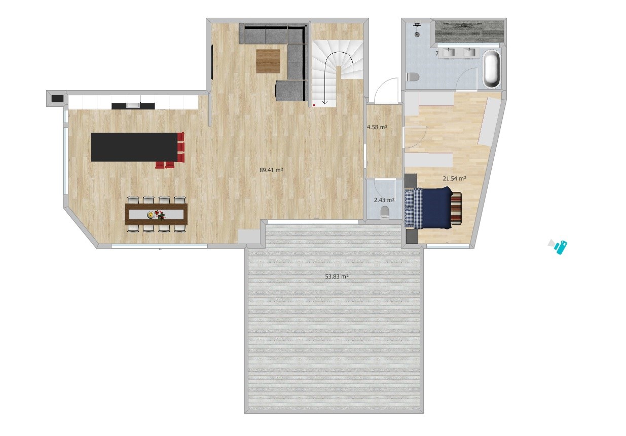 Hjelp til planløsning, plassering av kjøkken - Roomsketcher forslag med flyttet kjøkken.jpg - smub