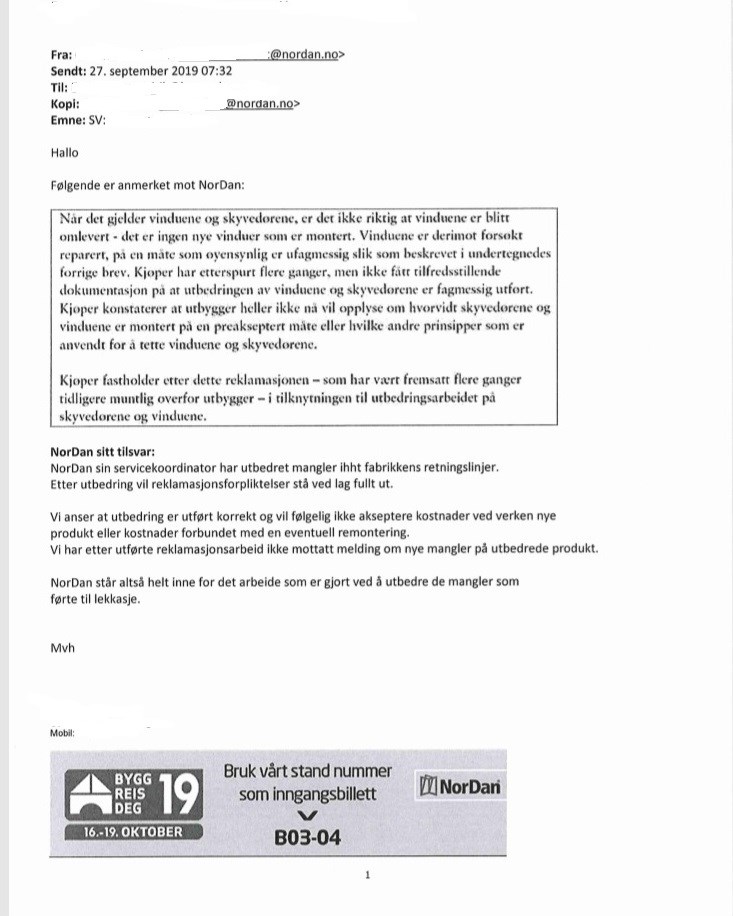 Ufagmessig reparasjon av vinduer utført av NorDan  - Brev.jpg - Moppen 