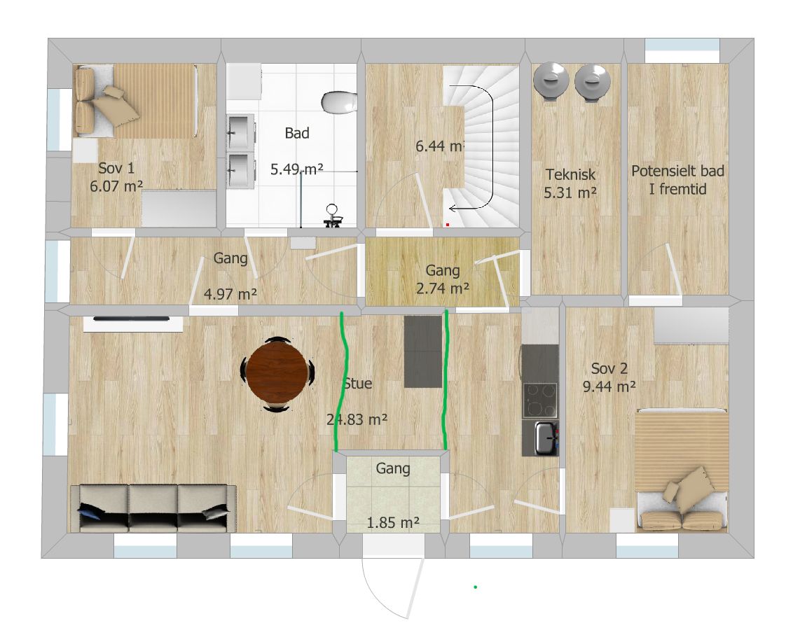 Tolking av opprinnelige plantegninger av hus fra 1950 - Plan ved riving av 2 vegger.png - Aleksimo