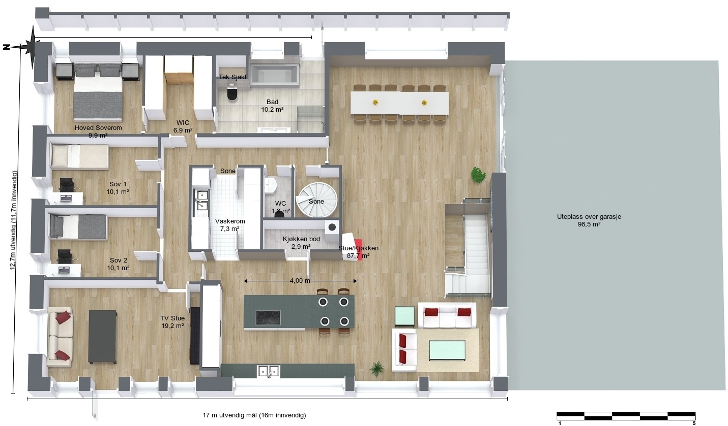 Innspill: 2etg hus med stor grunnflate og to leiligheter - Sørsjøvegen 11 Interiør - 1etg Ver 3 - 3D Floor Plan.jpeg - eivindcom