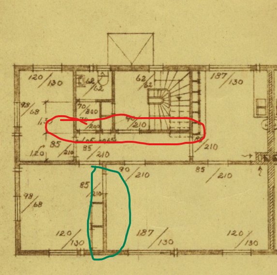 Tolking av opprinnelige plantegninger av hus fra 1950 - Plan 1. og 2. etasje markert.png - Aleksimo